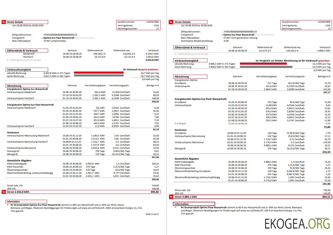 Austria EVN electricity utility bill 5 pages 3 4